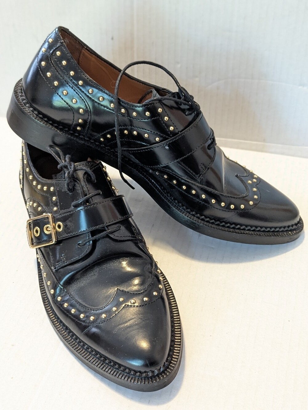 Other Stories Wmns Leather Studded Lace Up Buckle Black Brogue Oxford Sz 9 Punk